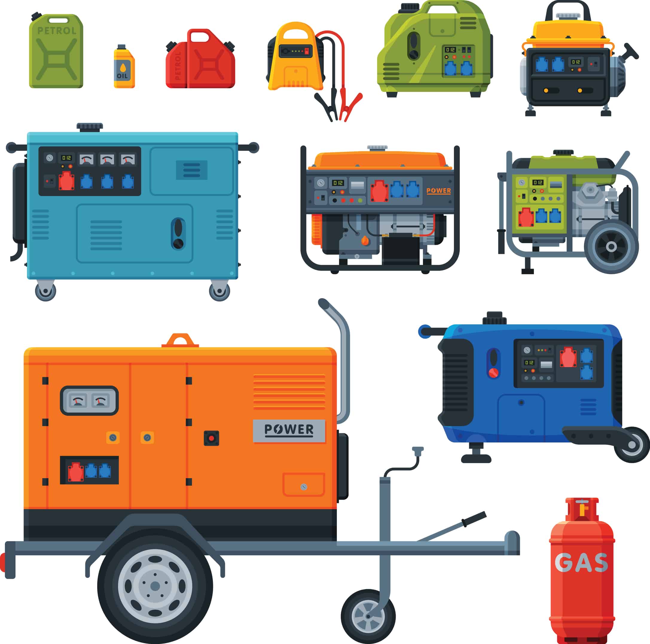 Different Types of Industrial Power Generators Set, Propane Gas Cylinder, Fuel Jerrycans Vector Illustration